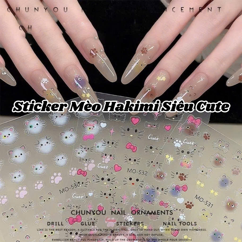 Sticker 5D Lụa Nổi Mèo Hakimi Siêu Cute Trang Trí Móng Tay