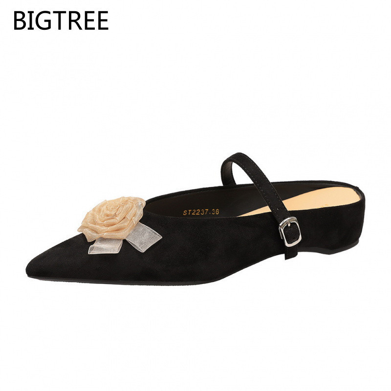 BIGTREE Women's high-heeled slippers2237-H95Korean Style Sweet Suede Floral Wedge Half Slippers Heig