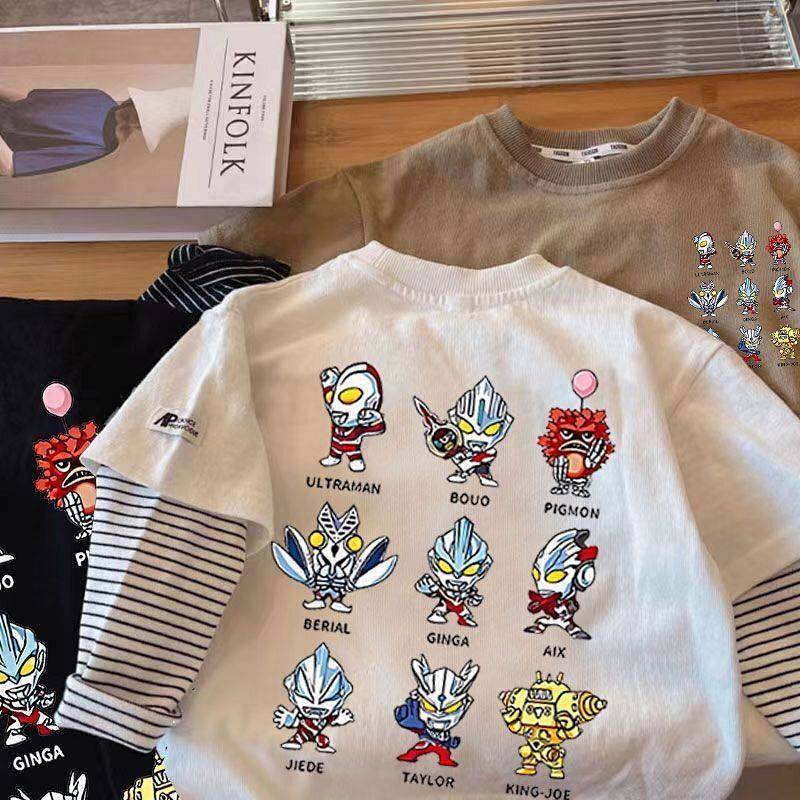 Boy's Long-Sleeved T-shirt Fake Two-Piece Ultraman Monster Top Pure Cotton Spring and Autumn Cartoon