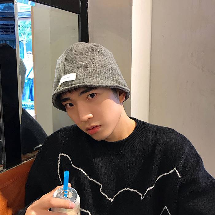 Street All-Match Trendy Cool Bucket Hat Men's Korean Style Autumn and Winter Woolen Patch Straight B