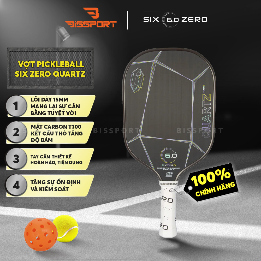 Vợt Pickleball 6.0 Quartz Chính Hãng Đen Viền Đen - Lõi Composite Siêu Nhẹ, Smash Uy Lực, Kiểm Soát 