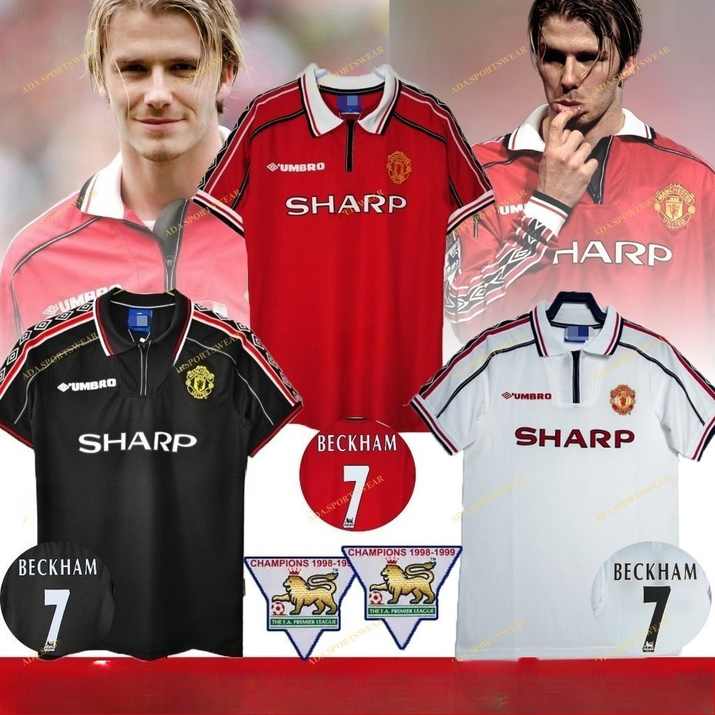 Retro Áo Jersey Manchester United 1998-1999, Màu Đỏ, Trắng, Đen, Customizable Beckham #7
