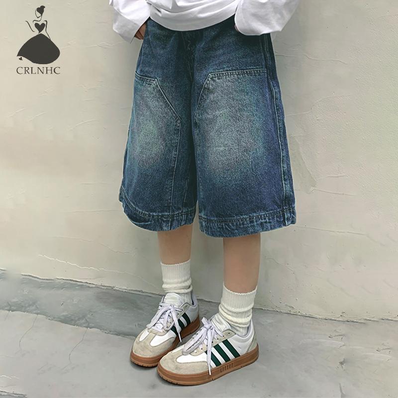 Crlnhc Y2K Vintage Baggy Jean Quần Short Nữ Rửa Chân Rộng Capri Quần Quần Jean Thường Ngày Quần Shor