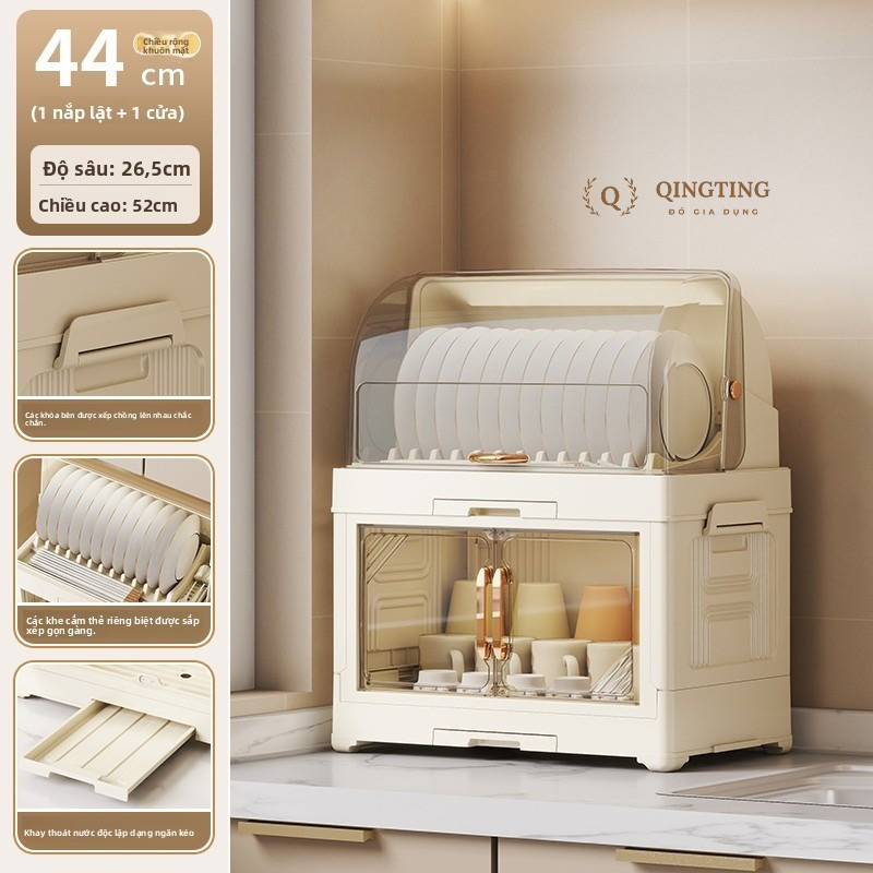 Tủ Đựng Bát Đĩa QINGTING Nhiều Tầng Có Nắp, Kèm Khay Thoát Nước, Dung Lượng Lớn Tiện Dụng Cho Nhà Bế