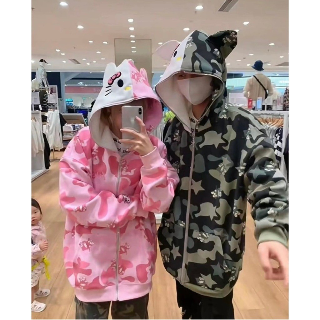 Áo Khoác Hoodie Nỉ Rằn Ri Cặp Đôi Nam Nữ Họa Tiết Mèo Kitty Dễ Thương ÁNH DIỆU FASHION