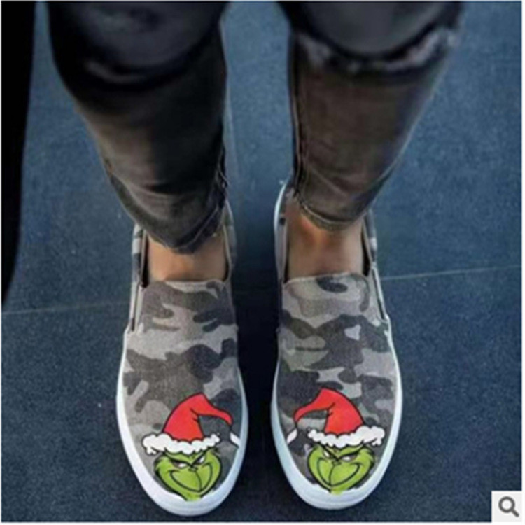 LA1 Mới Thấp Top Hoạt Hình Anime Flat Gót Cười Màu Xám Mũi Tròn Giày Vải