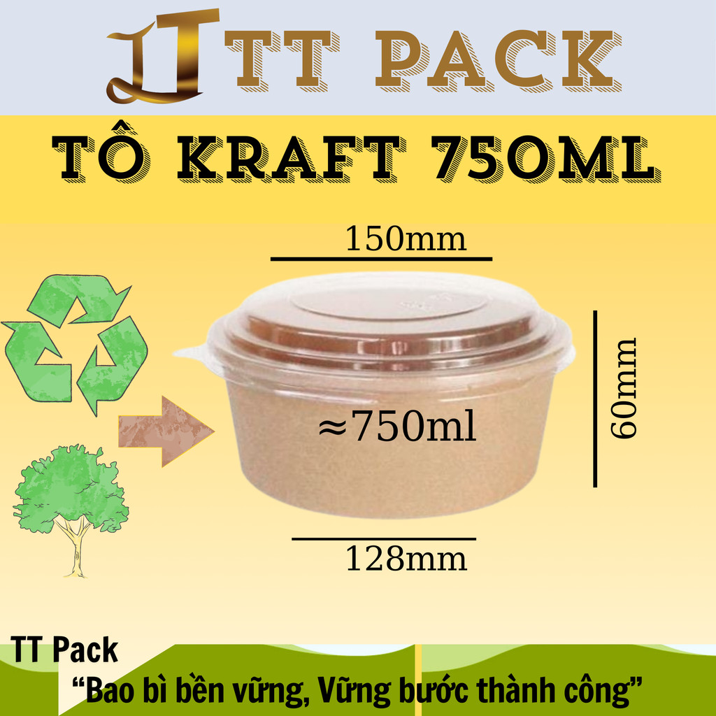 Set 100c Tô Giấy Kraft 750ml, Tô giấy kraft 1000ml, tô đựng chân gà sốt thái, tô giấy kraft cứng cáp