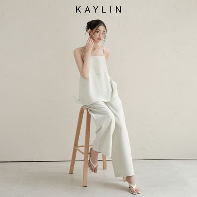 Set KAYLIN áo hai dây dáng suông phối quần ống rộng chất vải linen sọc phong cách Hàn quốc BST Tháng 10.2025 - SET75T10