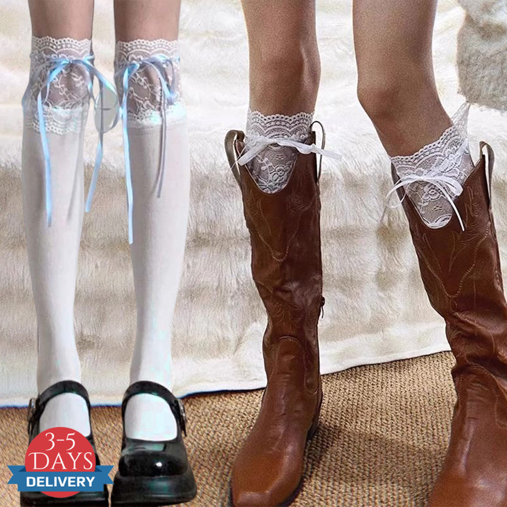 Tất cao đến đầu gối nữ bằng cotton mềm mại, thiết kế nơ viền ren - Perfect cho váy và boots