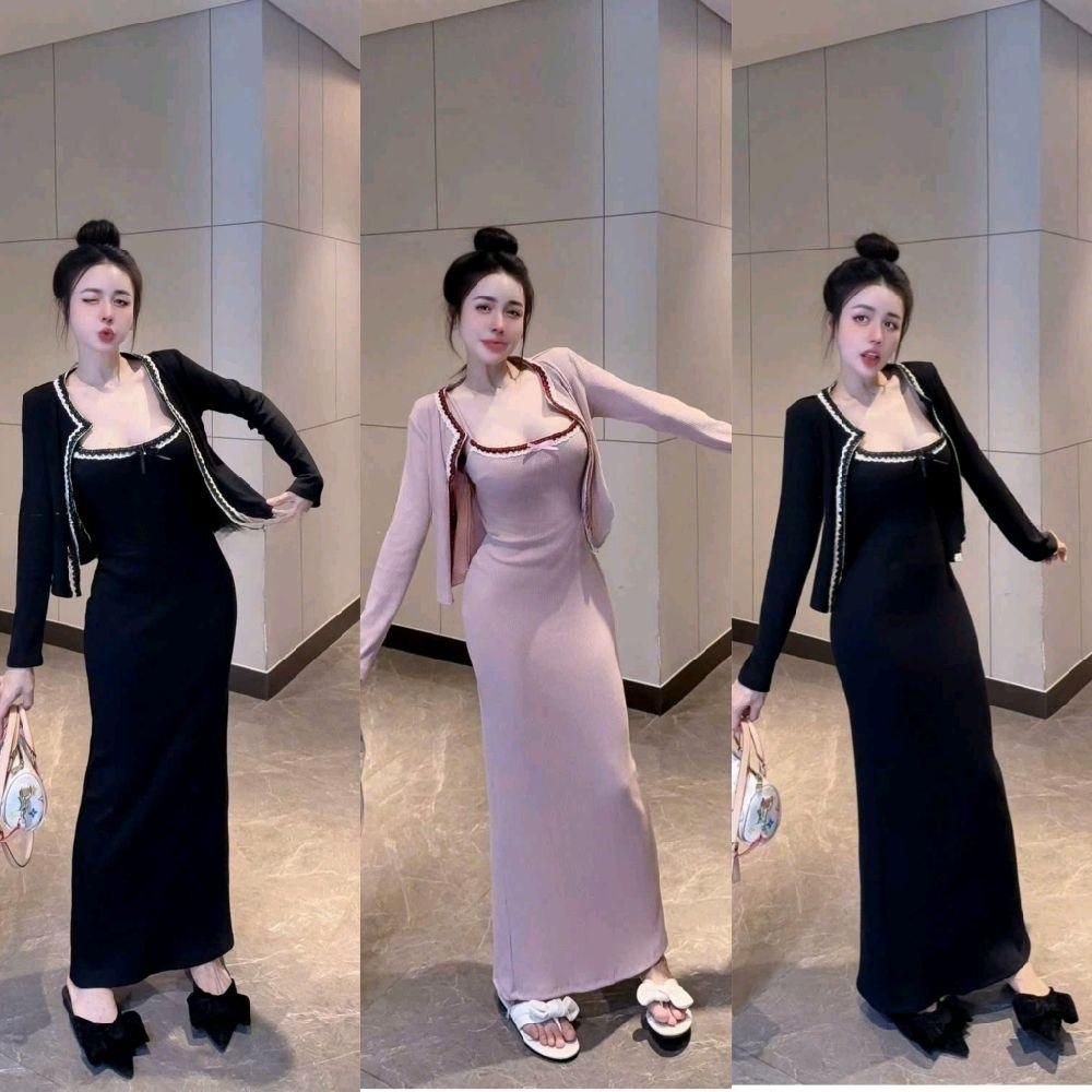 Đầm dây phom dài thu đông kèm áo khoác viền có 2 màu chuẩn đẹp
