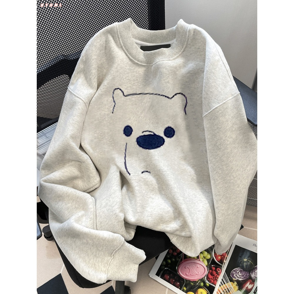 Áo Sweater Nữ Xám Nhạt Oversize In Hình Gấu Cartoon Dễ Thương Minimalist unisex 320gsm 100% cotton