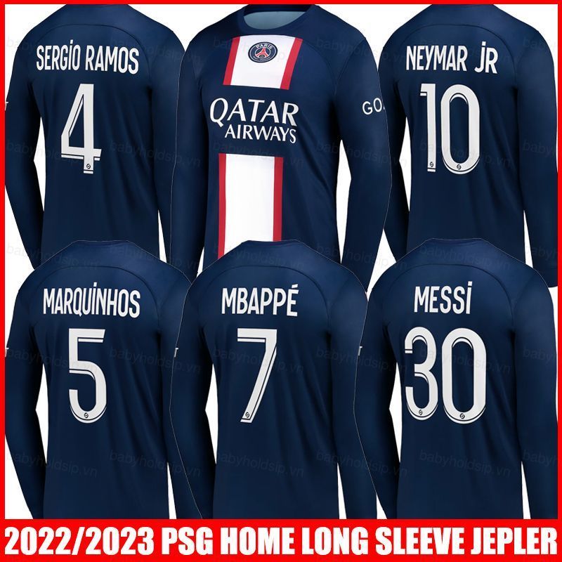 Áo thun bóng đá tay dài PSG 2023, phù hợp mọi size với hình ảnh đội tuyển nổi tiếng như Messi và Ney