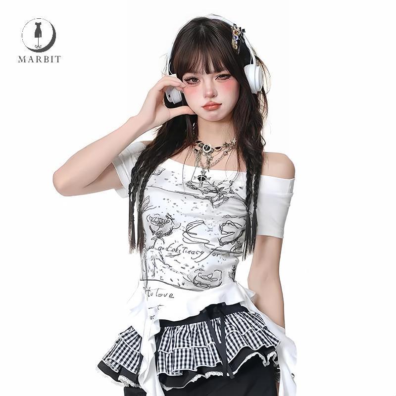 Marbit Nữ Mùa Hè Y2k Phong Cách In Vai Ngắn Tay Không Đều Xù Slim Áo Thun FHS