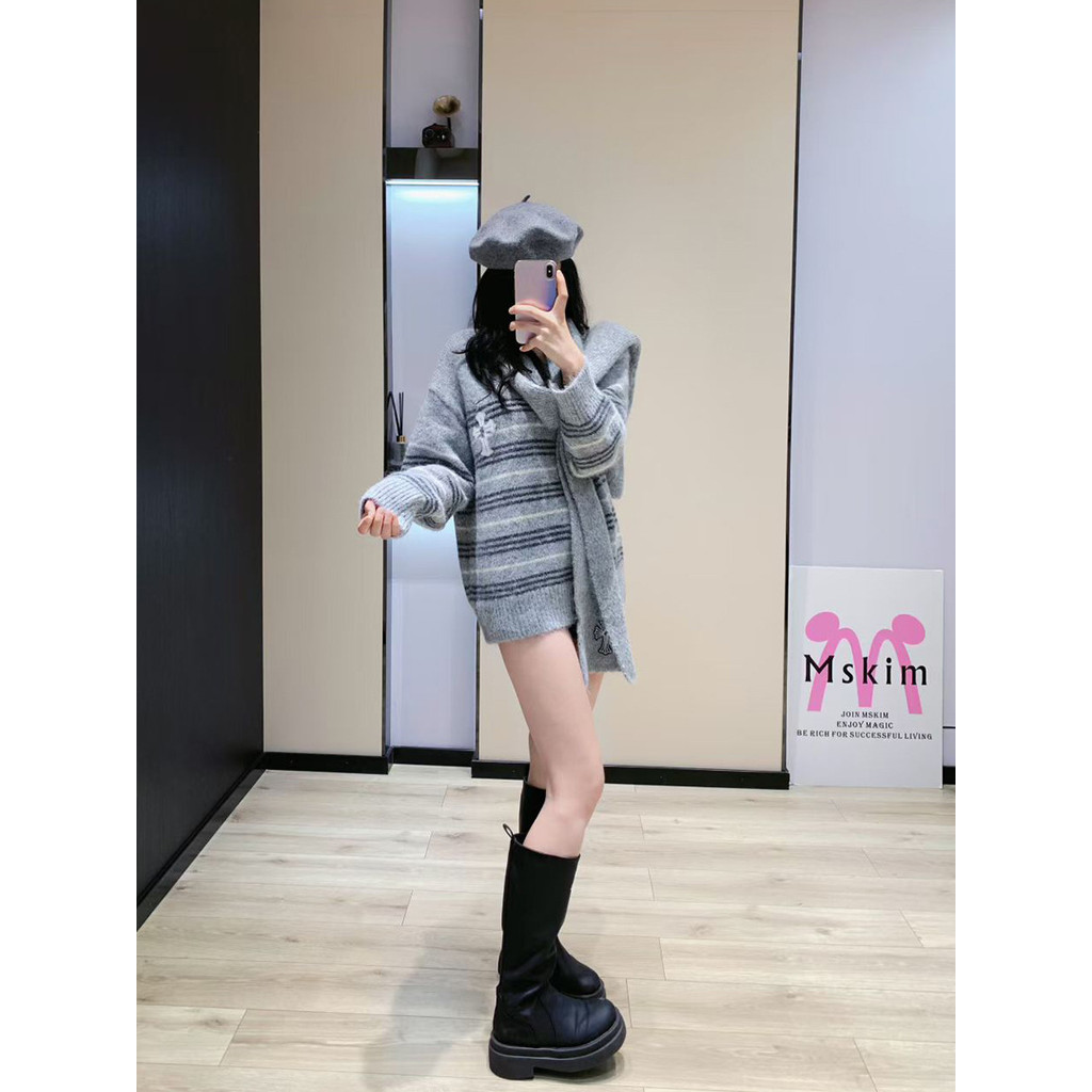 BSMM Chrome Hearts With Scarf V Cross Collar Patchwork Striped Knitted Sweater Trendy