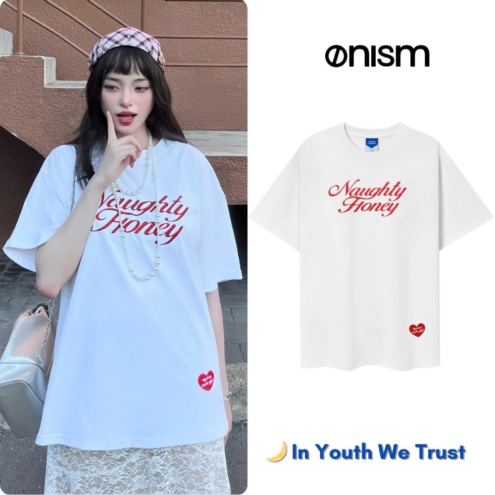 Áo thun nam nữ unisex Onism Naughty Honey màu trắng - Basic tee in  kim tuyến cotton
