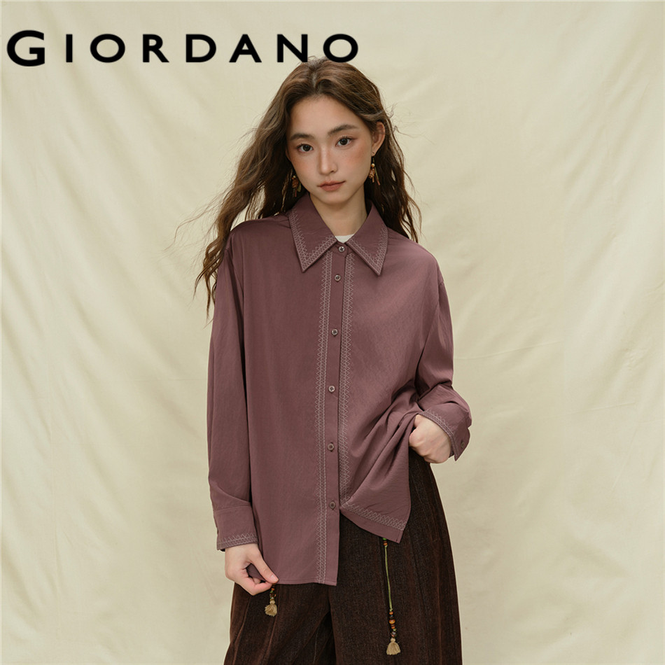 GIORDANO WOMEN Embroidered trim long sleeve matte shirt 18345831