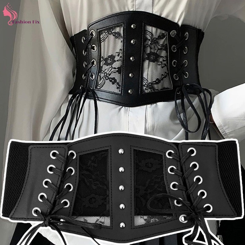 Dây thắt lưng Gothic adjustable với ren | Thắt lưng corset PU định hình eo, phụ kiện thời trangpunk
