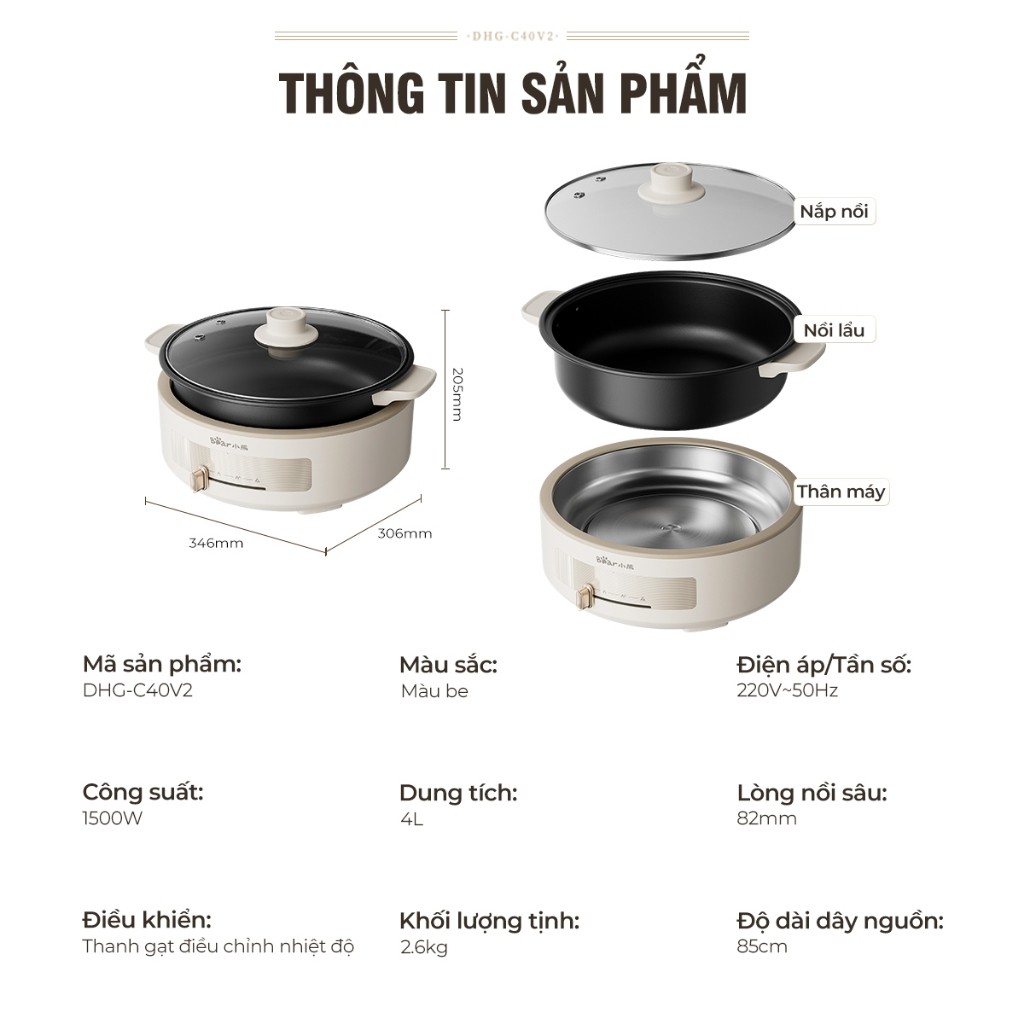 Nồi Lẩu Điện Đa Năng Bear DHG-C40V2 (HP-4H40F) - 1500W - Tiết Kiệm Điện - Bảo Hành Chính Hãng 18 Thá