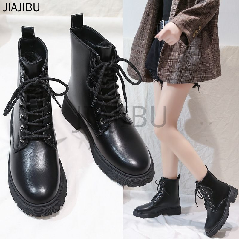 Size 35-43 Giày Bốt Chelsea Buộc Dây Màu Đen Mũi Tròn Chống Trượt Phong Cách Anh Quốc Giày Nữ Cỡ Lớn