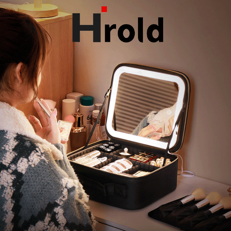 Hrold Cốp Makeup Hồng Cốp Đựng Mỹ Phẩm  26*23*11CM Hộp Đựng Đồ Makeup LED Gương Túi Đựng Đồ Makeup