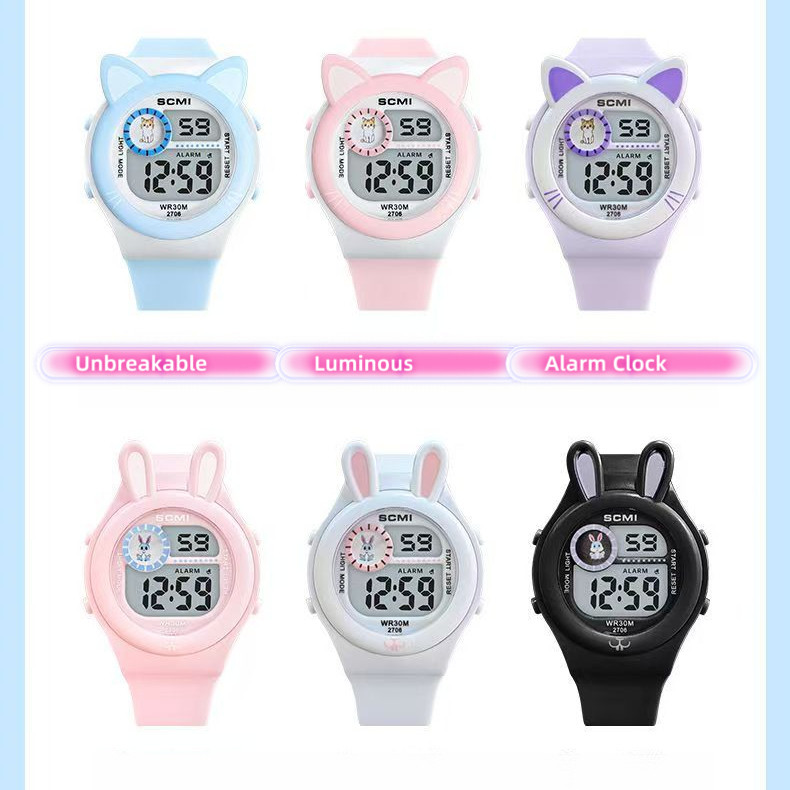 Dạ Quang Chống Sốc Thỏ Mới Màu Hồng Bé Gái Đồng Hồ, Đèn LED Nhiều Màu Sắc Trẻ Em Học Sinh Tiểu Học Hoạt Hình Dễ Thương Đồng Hồ Điện Tử Quà Tặng