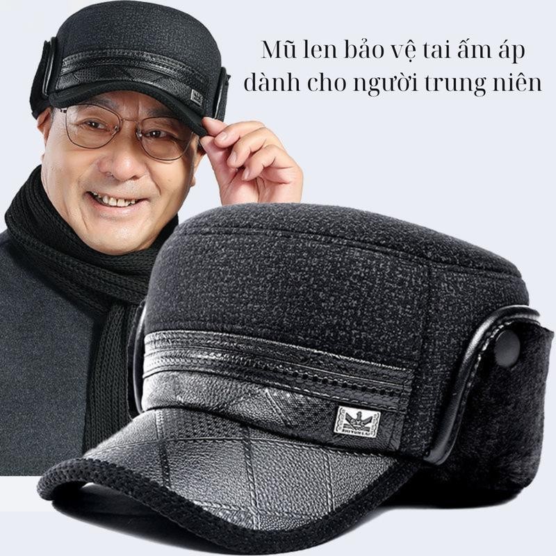 Mũ len mùa đông dành cho trung niên và người cao tuổi, mũ phẳng bảo vệ tai mùa thu đông cho người lớ