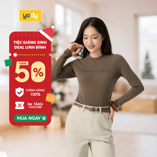  Áo thun giữ nhiệt nữ YODY cổ tròn in chữ CONFIDENT vải mềm mịn slimfit tối giản WCLT25F023 