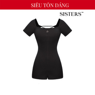 Jumpsuit nữ ngắn SISTERS ôm body gợi cảm cổ vuông, khoét lưng đan dây Landii Vải Gân Đen| SS24-J12-D