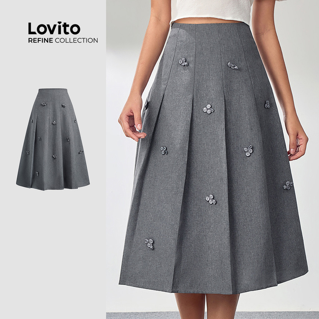 Chân váy nữ Lovito trang trí nút xếp ly màu trơn thanh lịch LR4LD028