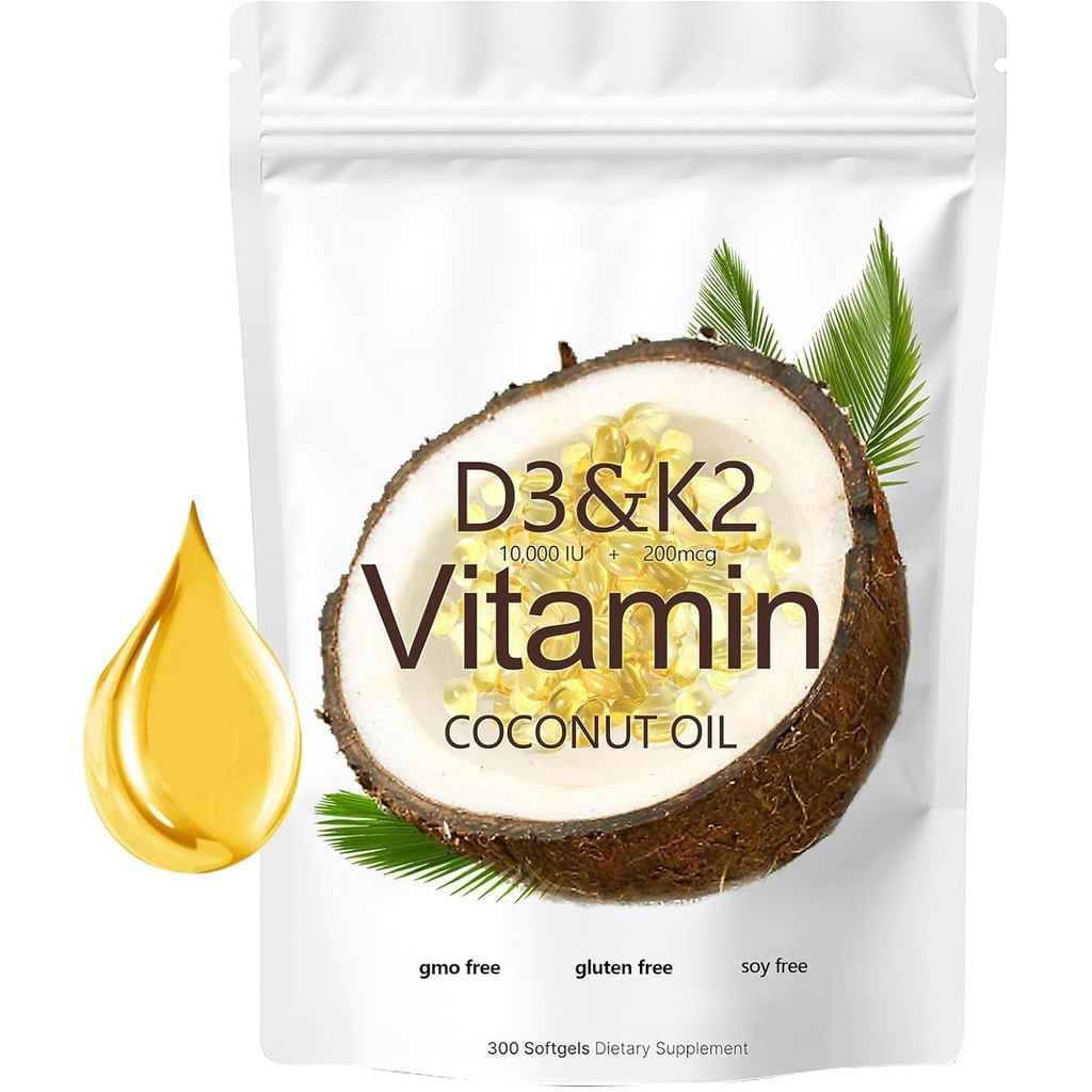 D3 K2 Vitamin 10000 IU với 200 mcg Vitamin K2 (MK-7), Bổ sung Vitamin D3 K2 Dầu dừa Softgels 300 Gel