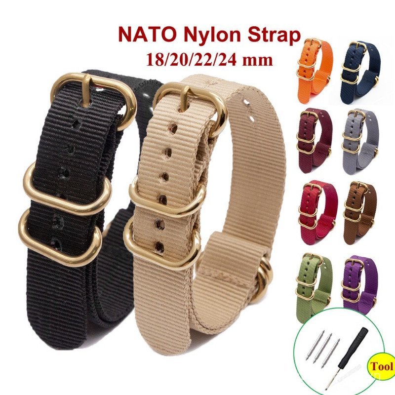 18 / 20 / 22 / 24mm Dây đeo vải dày mạ chân không Vàng hình bầu dục Khóa Nylon NATO