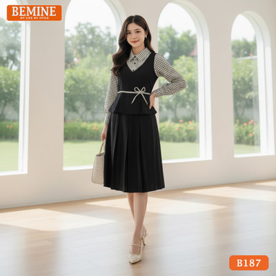 Đầm thiết kế BEMINE cổ sơ mi phối caro giả yếm dáng chữ A phù hợp đi làm-B187