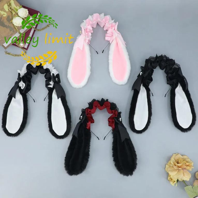 VALLEY LIMIT Gothic Bunny Ear Headband - Fancy Fur Ribbon Hair Accessory