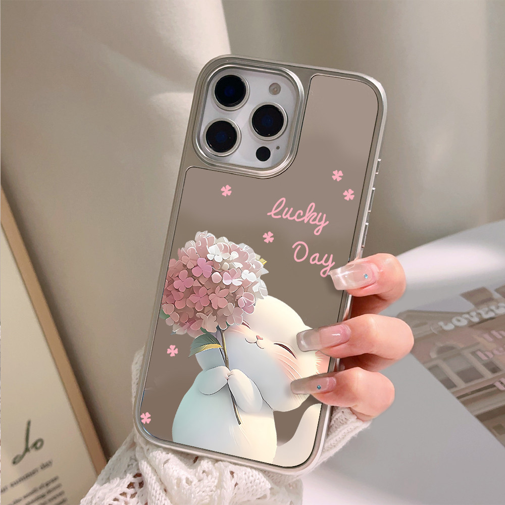 Cute lucky day white cat pattern rose Mirror series for iPhone 17 11 13 14 15 16 12 Pro Max 17 Pro M