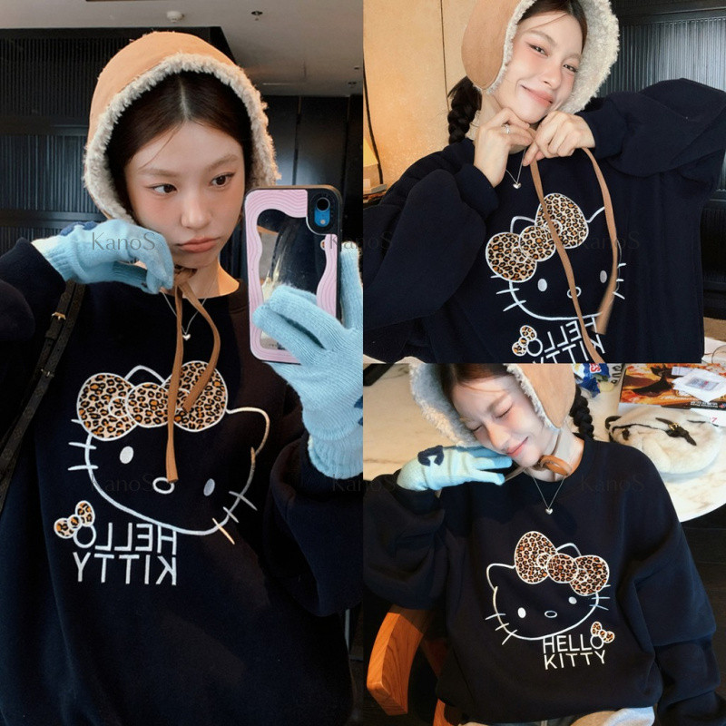 Kanos_shop | áo sweater dày dặn,hàn quốc cổ điển Leopard&Kitty print áo tay dài áo thể thao