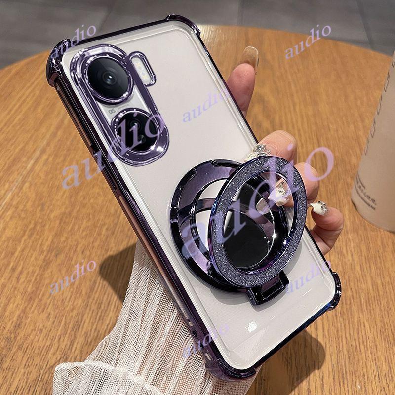 Ốp điện thoại trong suốt mạ bốn góc OPPO A6x 4G 5G có giá đỡ gương cho Oppo A6x A6 Pro OppoA6x 4G 5G