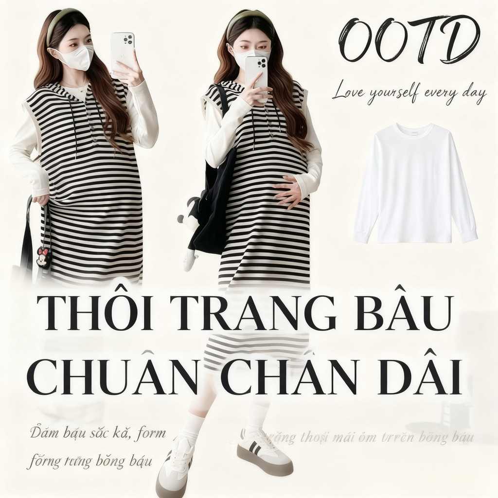 Váy vest cao cấp cho bà bầu xu hướng mùa xuân - thu, sọc thời trang, thiết kế thoải mái, size đa dạn