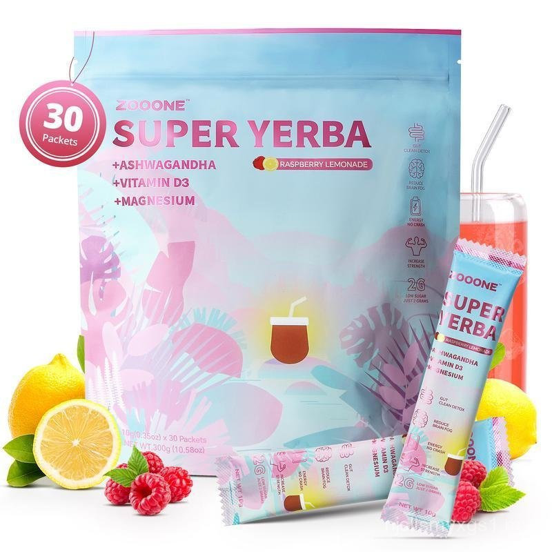 ZOOONE Super Yerba | Bột trà hòa tan Yerba Mate | Hương vị chanh RASPBERRY | 30 khẩu phần