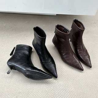 Giày Bốt Ngắn Nữ Mũi Nhọn Lưng Dây Kéo Thời Trang Ôm Hơn