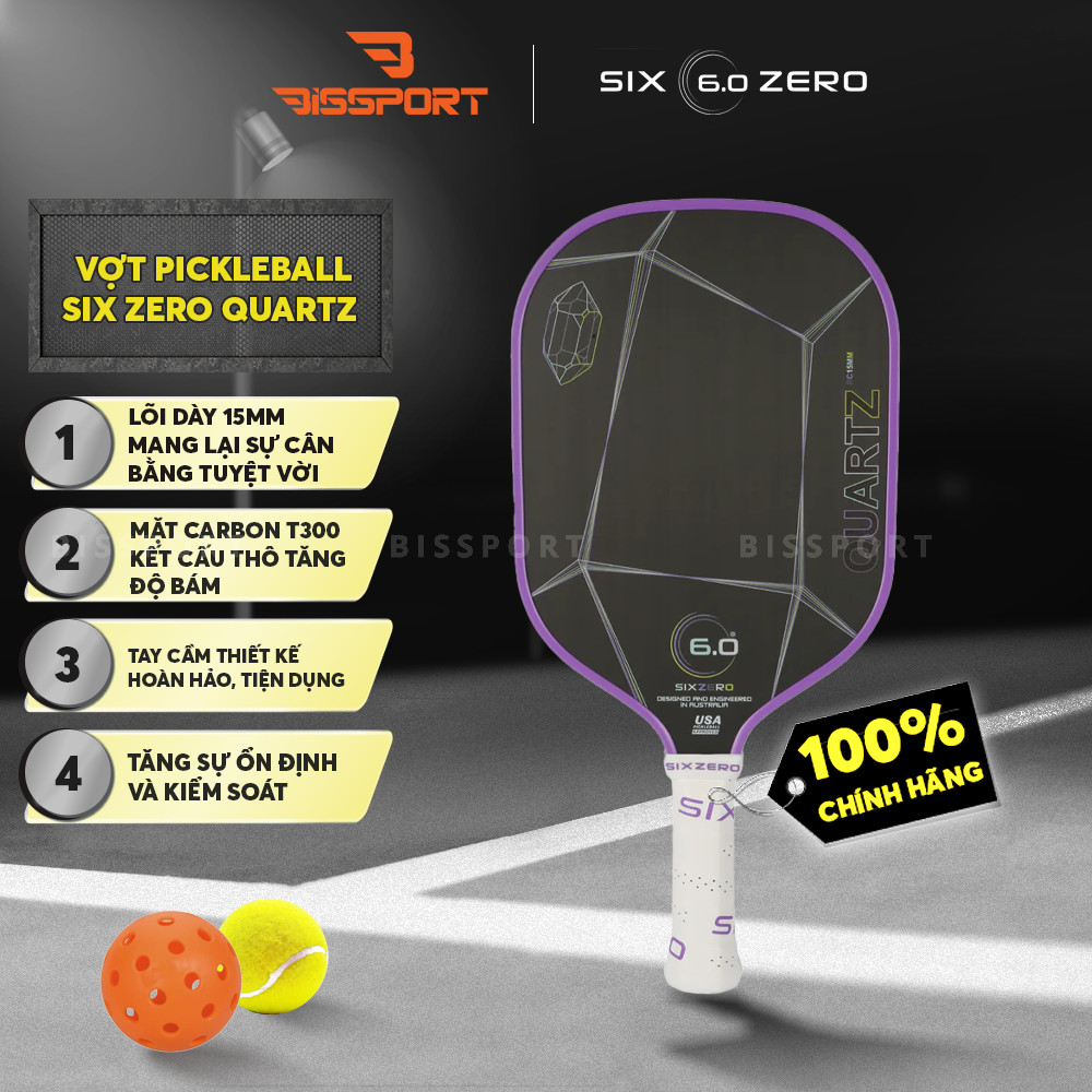Vợt Pickleball 6.0 Quartz Chính Hãng Đen Viền Tím - Lõi Composite Siêu Nhẹ, Smash Uy Lực, Kiểm Soát 