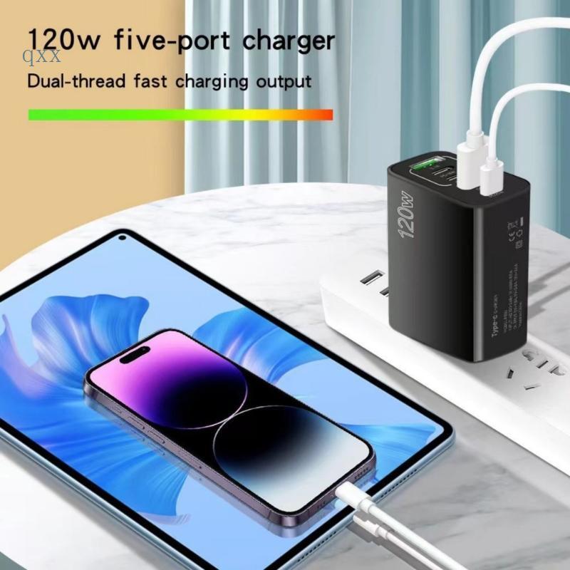 CH * 120W USB C Sạc 5 Cổng QC3 0 PD 120W USB Type C Sạc Nhanh Phích Cắm Cho Điện Thoại