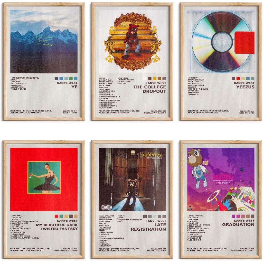 ManRule Kanye West Poster Bộ 6 Bìa Album Áp Phích Âm Nhạc 8X12 inch Cho Phòng Nghệ Thuật Treo Tường 