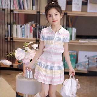  Bộ đồ bé gái 3-14 tuổi Bộ đồ trẻ em Hàn Quốc Quần áo trẻ em bé gái Áo sơ mi polo sọc Váy Bộ đồ hai mảnh 