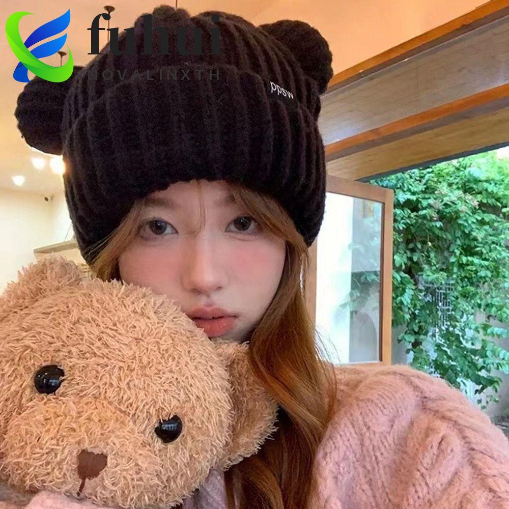 Mũ dệt kim tai gấu FUHUI, Mũ len chữ cái Tai mèo Beanie, Mũ len cá tính Mũ len phù hợp với Mũ đầu lâ