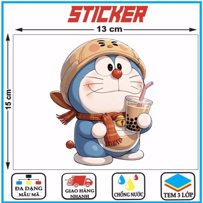 Hình Dán 15cm Doremon Uống Trà Sữa Dán Xe Ô Tô Dán Che Xước Xe,Dán Laptop,Tủ Lanh,n Học... Decal 3 Lớp Chống Thấm Nước.