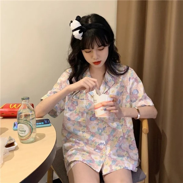 LA3 Bộ đồ ngủ nữ mùa hè, họa tiết sọc và hoa, quần ngắn mát mẻ