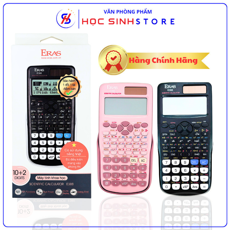 Máy Tính Khoa Học 521 Chức Năng E388 Chính Hãng Hiệu Eras, Tích Hợp 2 Nguồn (Pin + Mặt Trời), Vỏ Nắp
