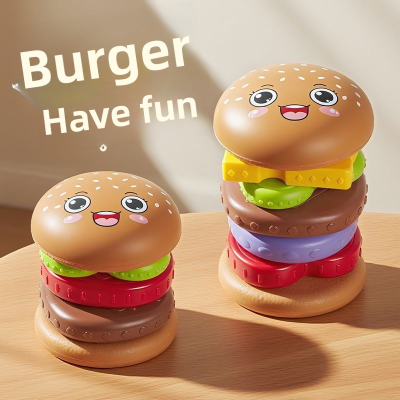 Hamburger Rainbow Tower Spin and Stack Ring Đồ chơi giáo dục cho trẻ sơ sinh 0-3 tuổi