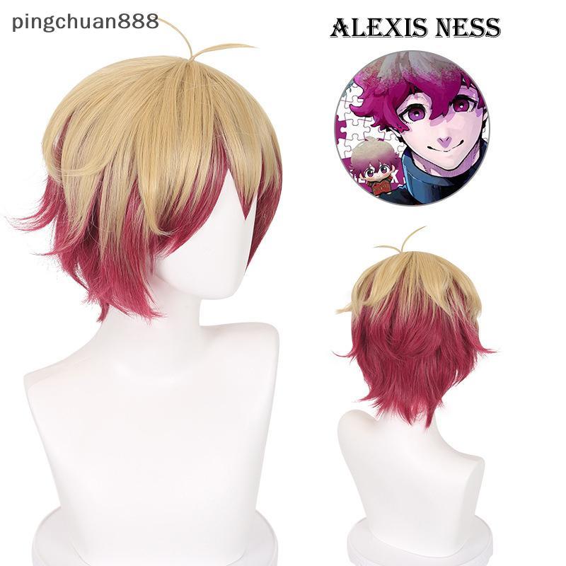 Pingchuan888 Tóc giả cosplay anime màu xanh với thiết kế Alexis Ness, tóc ngắn 30cm hoa hồng vàng hồ