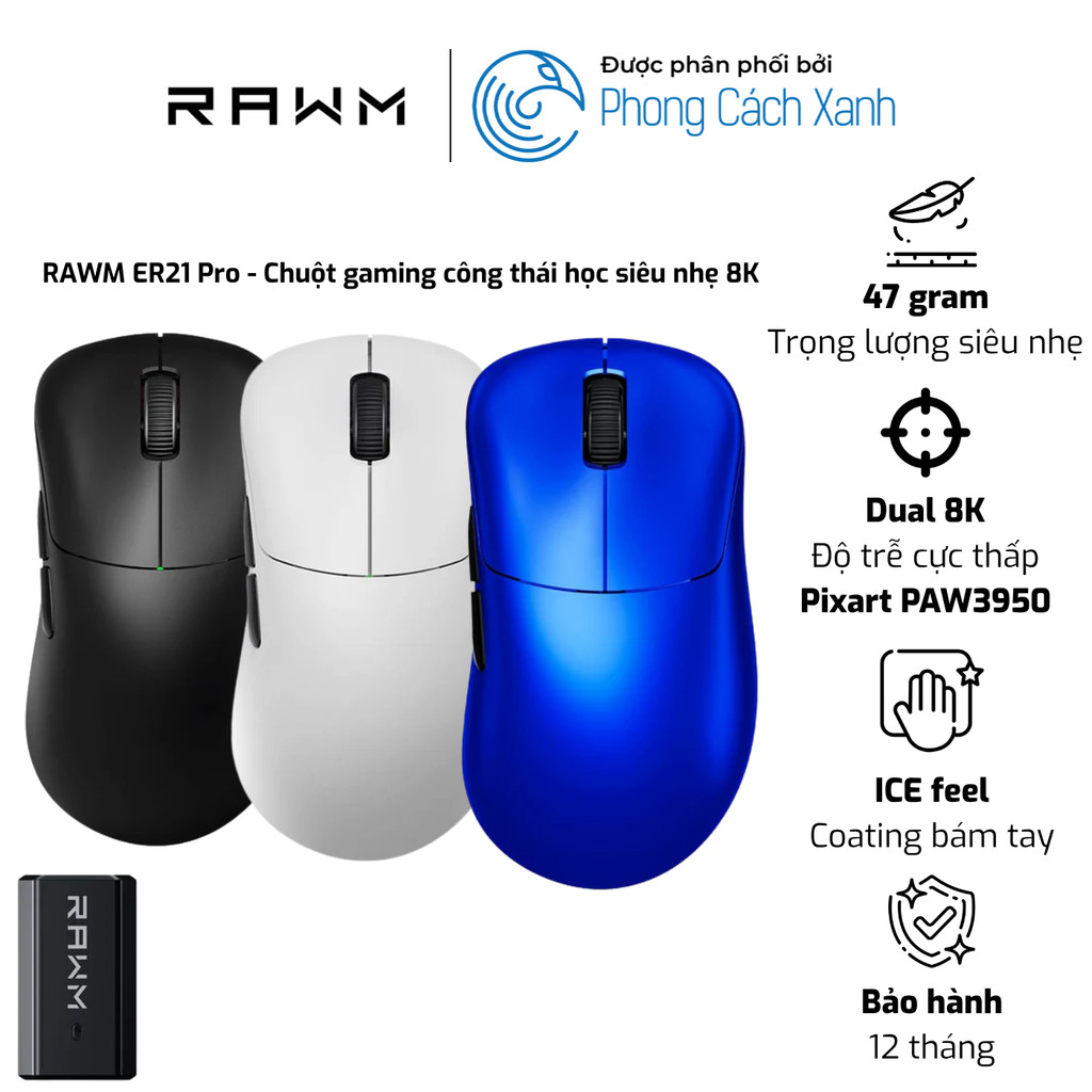RAWM ER21 Pro - Chuột gaming công thái học siêu nhẹ 8K